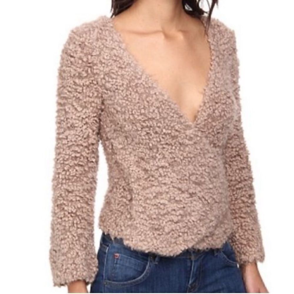 Free People Front Wrap Fuzzy Soft Long Sleeve Top Small Beige Nude Cream Earthy